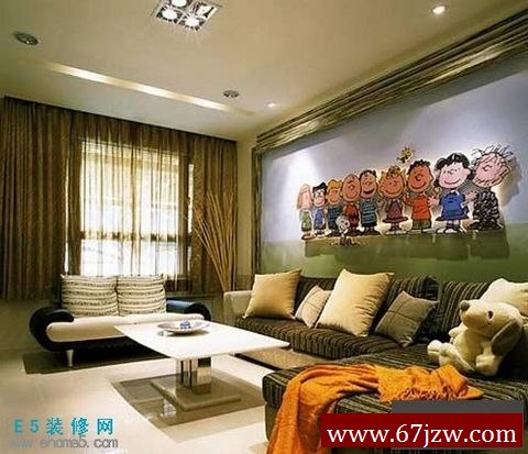 客厅---鉴于屋主两人都相当喜欢史努比卡通人物,大胆的以史努比大图输出做主墙设计,以屋主喜好作为空间设计主题,衍伸出一风格或色调上都具有活泼调性的居家空间。
